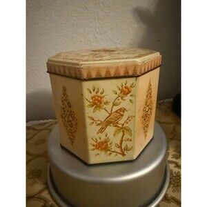 Vintage Daher Tin England Bird Floral Cottagecore Storage Canister Octagon Lid